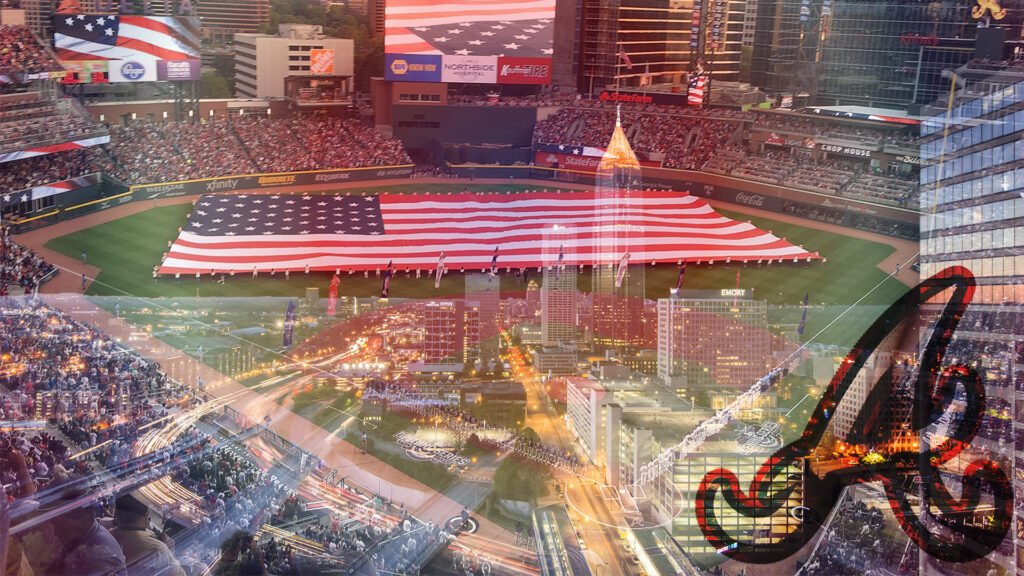 Truist park with atlanta skyline overlayed.